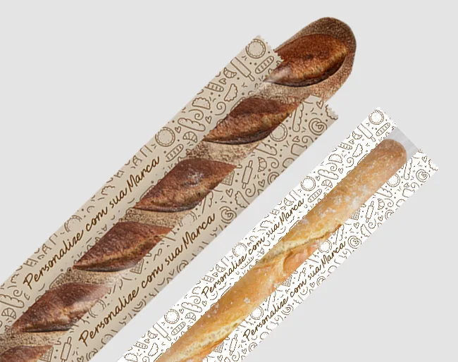 Baguetes embaladas em sacos de pão personalizados de papel kraft com visor plástico