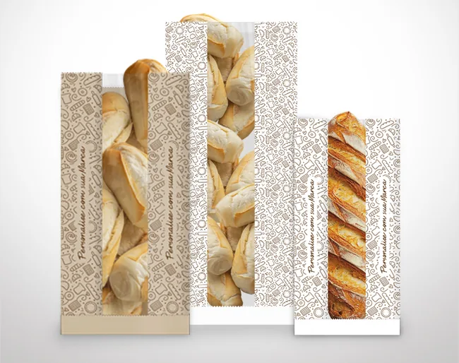 Sacos de pão personalizados com visor plástico, em papel kraft, mostrando o pão dentro da embalagem